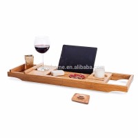 Extending bathtub bamboo shower shelf tray with glass holder