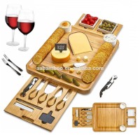 Wooden bamboo cheeseboard with 2 knives drawers