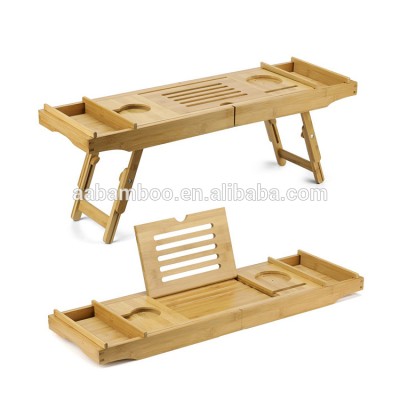 Adjustable folded extending sides expandable bamboo modern luxury bathtub caddy tray and laptop bed desk with detachable trays