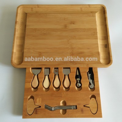 Natural Bamboo Wooden Cheese Board & Cutlery Set with Slide-Out Drawer