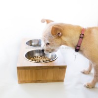 bamboo wood pet dog feeder with metal bowl