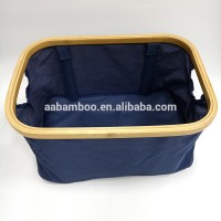 Foldable Bamboo Wooden Frame Fabric Collapsible Storage Laundry Basket