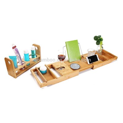 Extendable Non-Slip Bamboo Bathtub Caddy With 2 Towel Tray