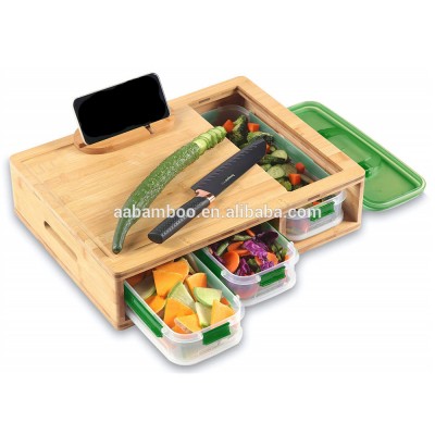 Wooden bamboo cutting board with stackable containers and lids