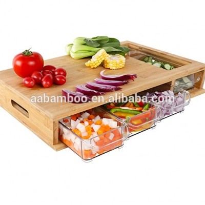 Multifunctional large bamboo cutting board chopping with plastic 4 sliding drawers trays