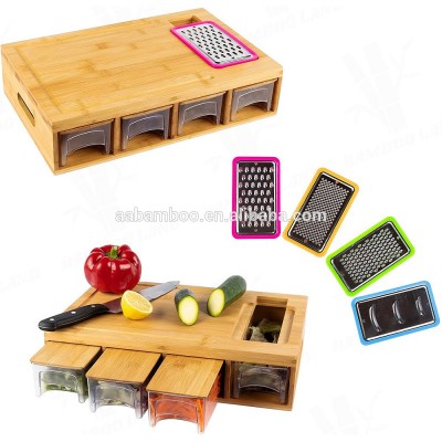 Wooden bamboo cutting board with grater and storage drawer containers